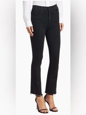 MOTHER The Hustler Ankle Fray Jeans Not Guilty Black High Rise Flare Raw Hem